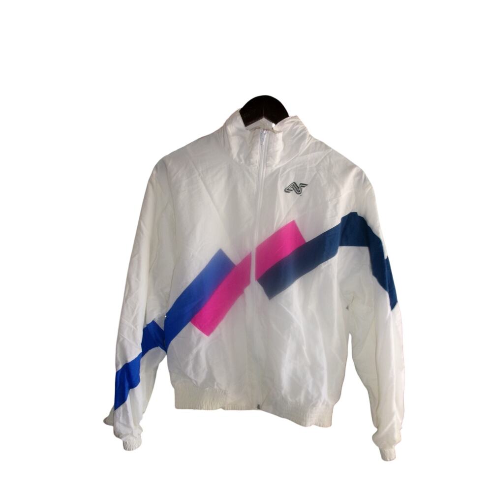 Alpha Factor Windbreaker Jacket Women's Large White Pink Blue Retro Track
